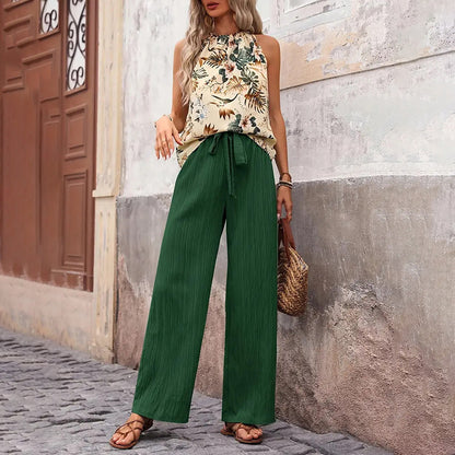 Women's 2 Piece Summer Outfit With Halter Neck Crop Tops and Wide Leg Pants