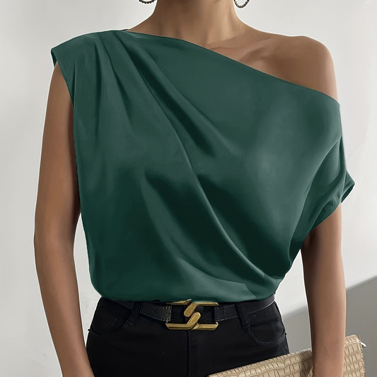 Ladies' Solid Color Asymmetrical Collar Pleated Elegant Casual Sloping ShoulderCollar Off Shoulder Top