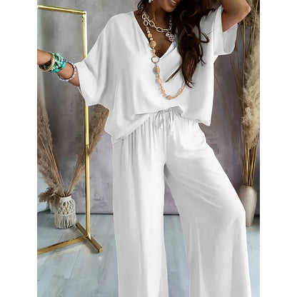 Cozy 2-Piece Lounge Set - Half Sleeve Top & Wide Leg Pants