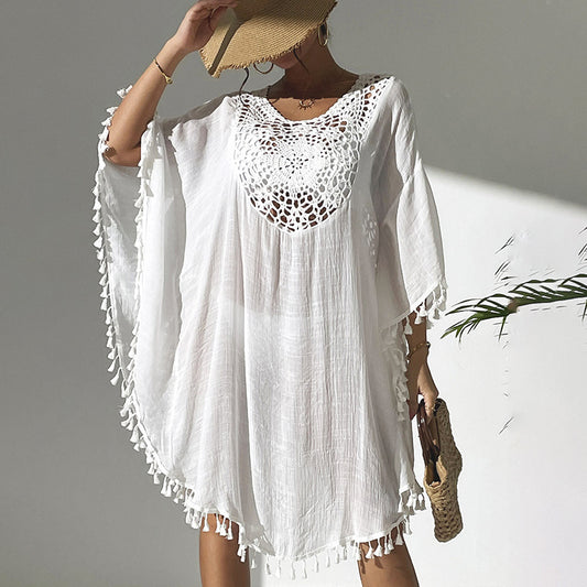 Women Tassel Trim Crochet Cover Up Boho Dress