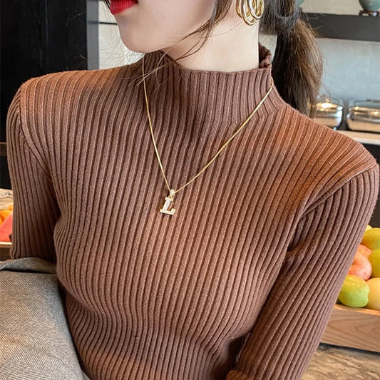 Women Solid Knitted Turtlneck Sweater Top