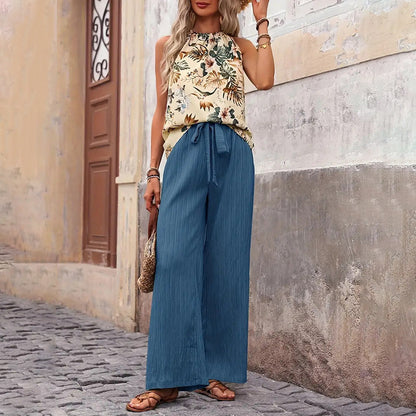 Women's 2 Piece Summer Outfit With Halter Neck Crop Tops and Wide Leg Pants