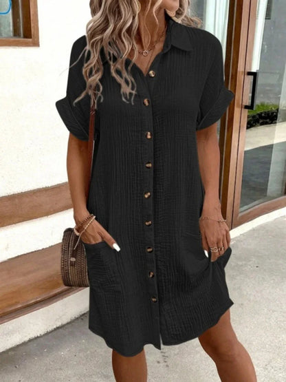 Women Turn-down Collar Loose Shirt Cotton Dress