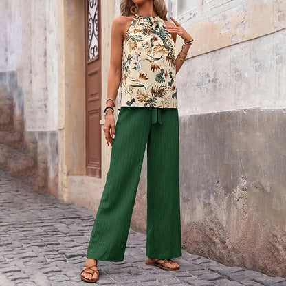 Women's 2 Piece Summer Outfit With Halter Neck Crop Tops and Wide Leg Pants
