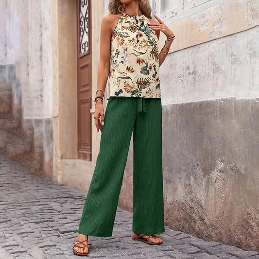 Women's 2 Piece Summer Outfit With Halter Neck Crop Tops and Wide Leg Pants