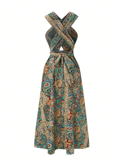 Women Printed High Waisted Maxi Dress