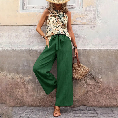Women's 2 Piece Summer Outfit With Halter Neck Crop Tops and Wide Leg Pants