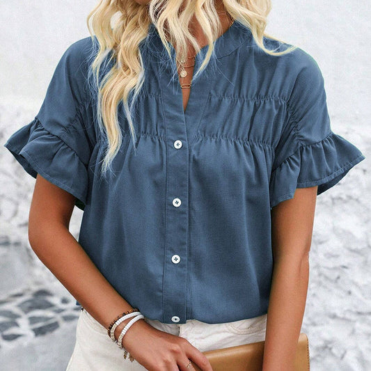 Womens Ruffle Short Sleeve Button Down Shirt