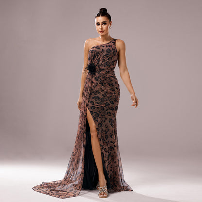 Leopard Print Sequined One-Shoulder Evening Gown