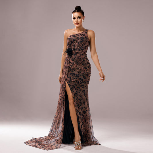Leopard Print Sequined One-Shoulder Evening Gown