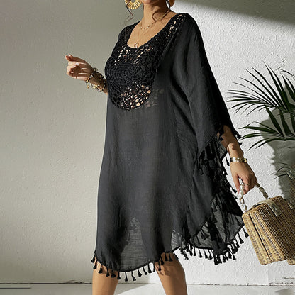 Women Tassel Trim Crochet Cover Up Boho Dress