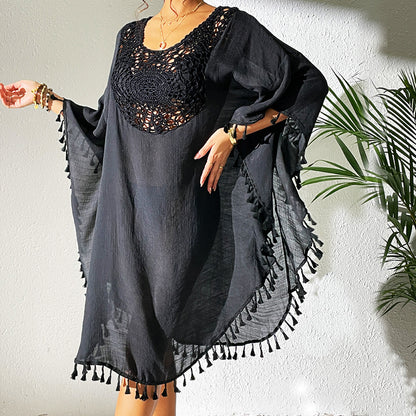 Women Tassel Trim Crochet Cover Up Boho Dress