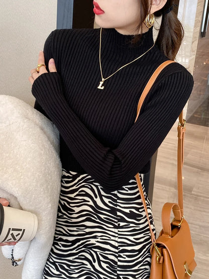 Women Solid Knitted Turtlneck Sweater Top