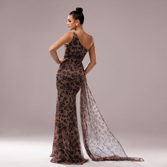 Leopard Print Sequined One-Shoulder Evening Gown