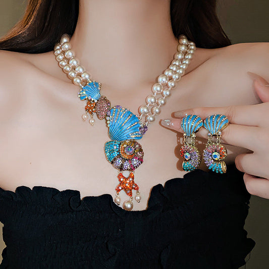 Rhinestone Pearl Conch Double-layer Necklace Vintage Exaggerated Design