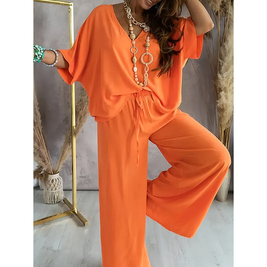 Cozy 2-Piece Lounge Set - Half Sleeve Top & Wide Leg Pants