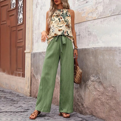 Women's 2 Piece Summer Outfit With Halter Neck Crop Tops and Wide Leg Pants