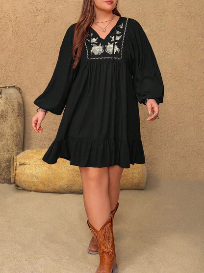 Women's Plus Size Embroidered Summer Casual Long Sleeve Mini Dress