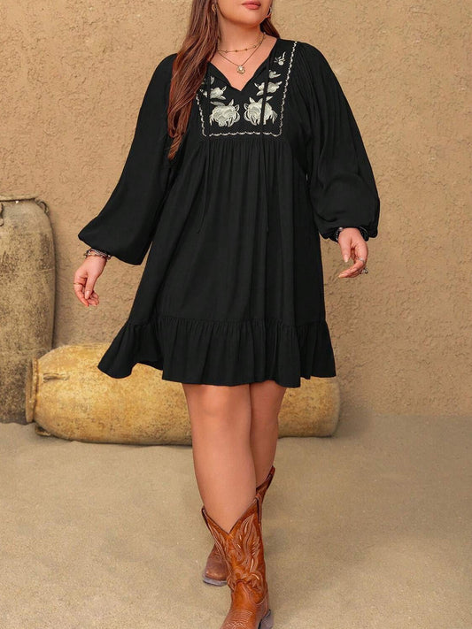 Women's Plus Size Embroidered Summer Casual Long Sleeve Mini Dress
