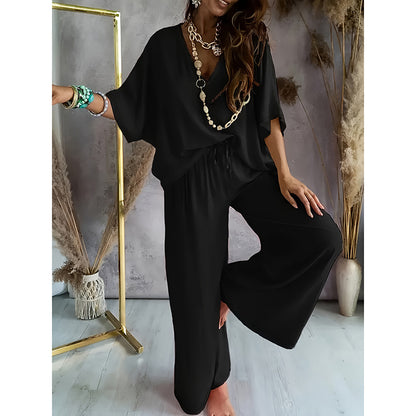 Cozy 2-Piece Lounge Set - Half Sleeve Top & Wide Leg Pants