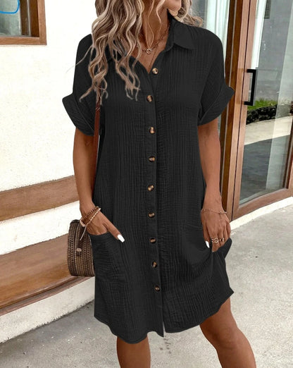 Women Turn-down Collar Loose Shirt Cotton Dress