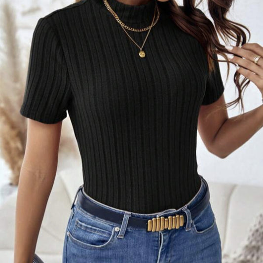 Womens' High Neck Knitted Short Sleeved T-shirt