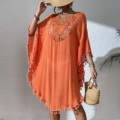 Women Tassel Trim Crochet Cover Up Boho Dress