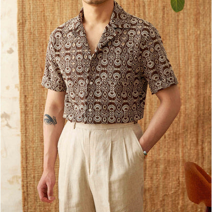 Men's Casual Cuban Collar Short Sleeve Printed Shirt