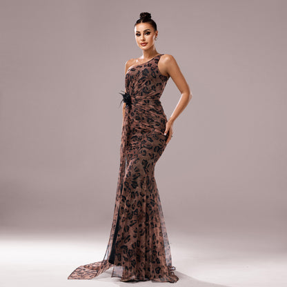 Leopard Print Sequined One-Shoulder Evening Gown