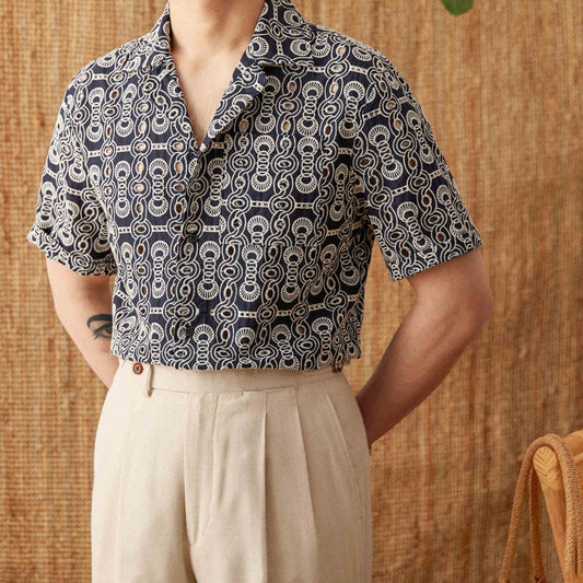 Men's Casual Cuban Collar Short Sleeve Printed Shirt