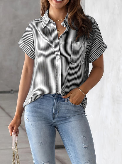 Plus Size Striped Blouse With Pocket For Women