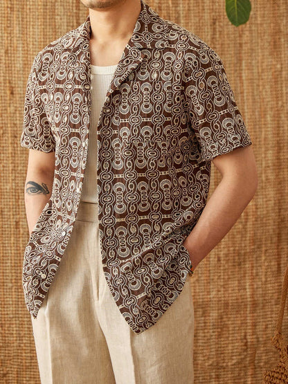Men's Casual Cuban Collar Short Sleeve Printed Shirt
