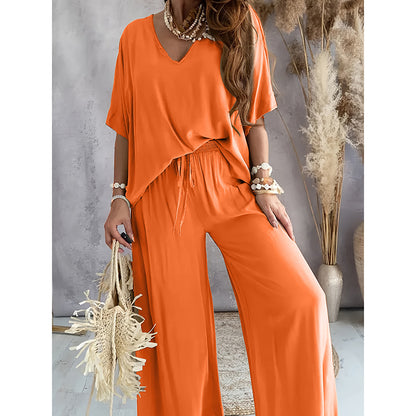 Cozy 2-Piece Lounge Set - Half Sleeve Top & Wide Leg Pants