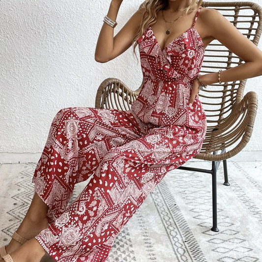 Cami Jumpsuit with Floral Print and Ruffled Edge