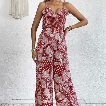 Cami Jumpsuit with Floral Print and Ruffled Edge