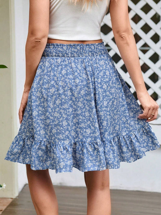 Women's Summer Floral Printed Ruffle Hem Half-body Skirt