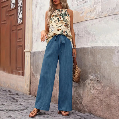 Women's 2 Piece Summer Outfit With Halter Neck Crop Tops and Wide Leg Pants