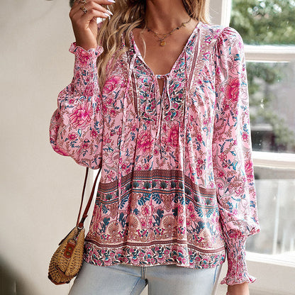 Women's Boho Chic Long Sleeve Floral Blouse