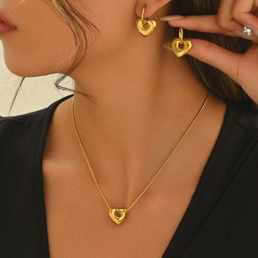 Lxalry 18K Gold Plated Hollow Heart Hypoallergenic Necklace Earrings With Adjustable Chain