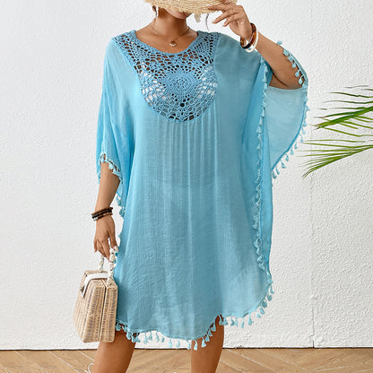 Women Tassel Trim Crochet Cover Up Boho Dress