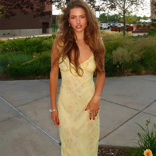 Summer Floral Print Plunge Maxi Dress